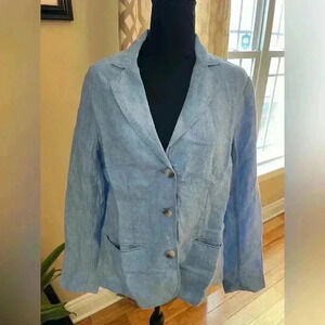 LL BEAN Women's Blue 100% Linen Jacket Blazer 3 Button 287688 Size M Reg NWOT